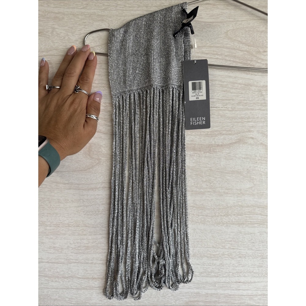 Eileen Fisher silver-colored shimmering scarf necklace Long Fringe Tassels  OS